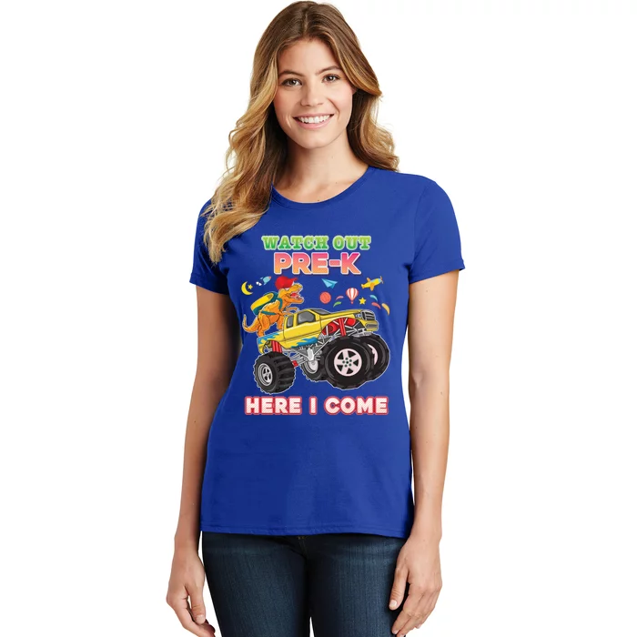 Watch Out PreK Here I Come Dinosaur Monster Car Back To Cute Gift Women's T-Shirt