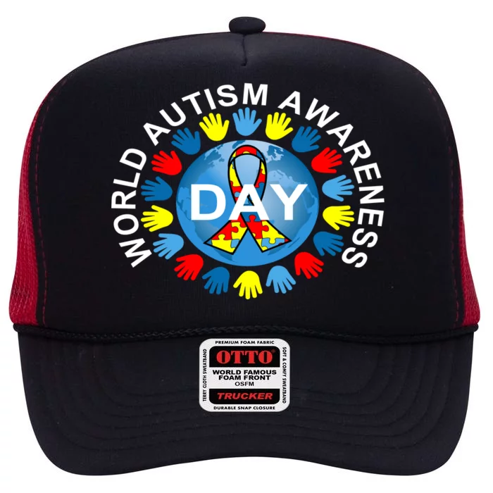 World Autism Awareness Day Earth Puzzle Ribbon High Crown Mesh Trucker Hat