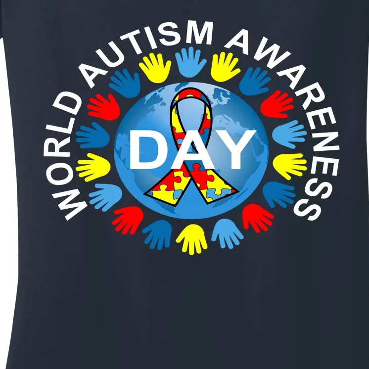 World Autism Awareness Day Earth Puzzle Ribbon Women's V-Neck T-Shirt