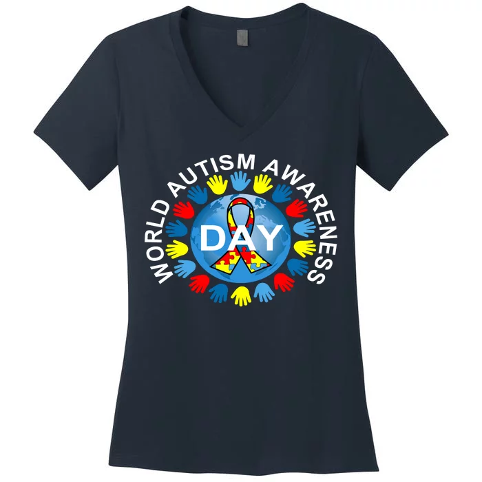 World Autism Awareness Day Earth Puzzle Ribbon Women's V-Neck T-Shirt