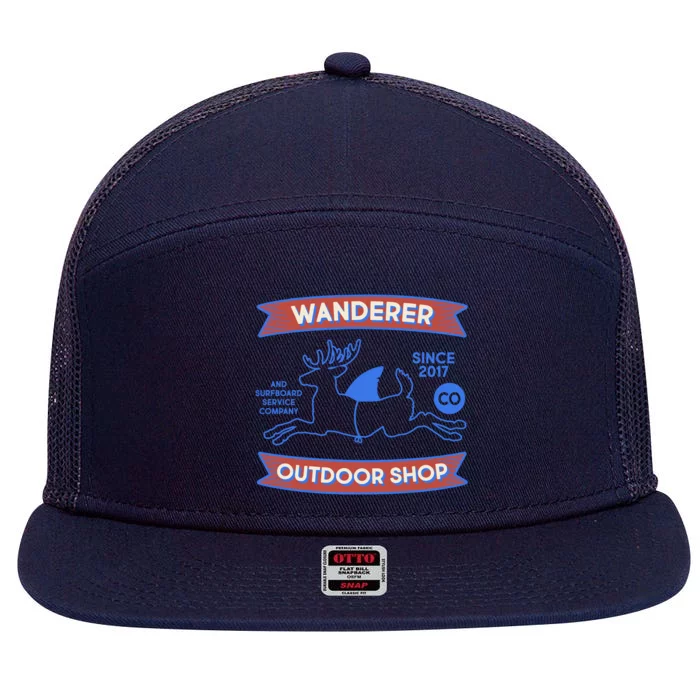 Wanderer Outdoor Shop Est 2017 Deer Shark Logo 7 Panel Mesh Trucker Snapback Hat