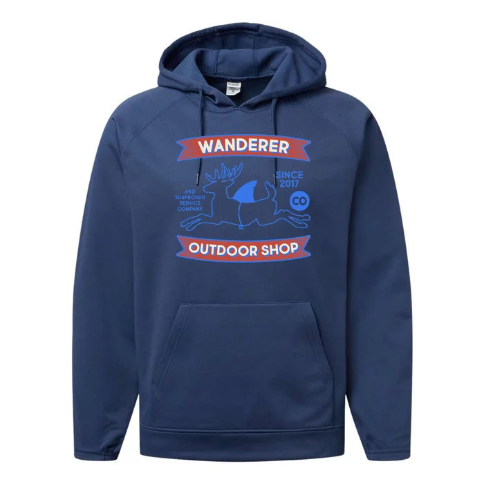 Wanderer Outdoor Shop Est 2017 Deer Shark Logo Performance Fleece Hoodie