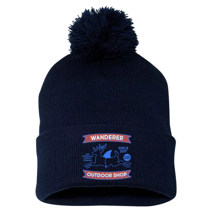 Wanderer Outdoor Shop Est 2017 Deer Shark Logo Pom Pom 12in Knit Beanie