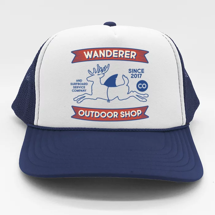 Wanderer Outdoor Shop Est 2017 Deer Shark Logo Trucker Hat