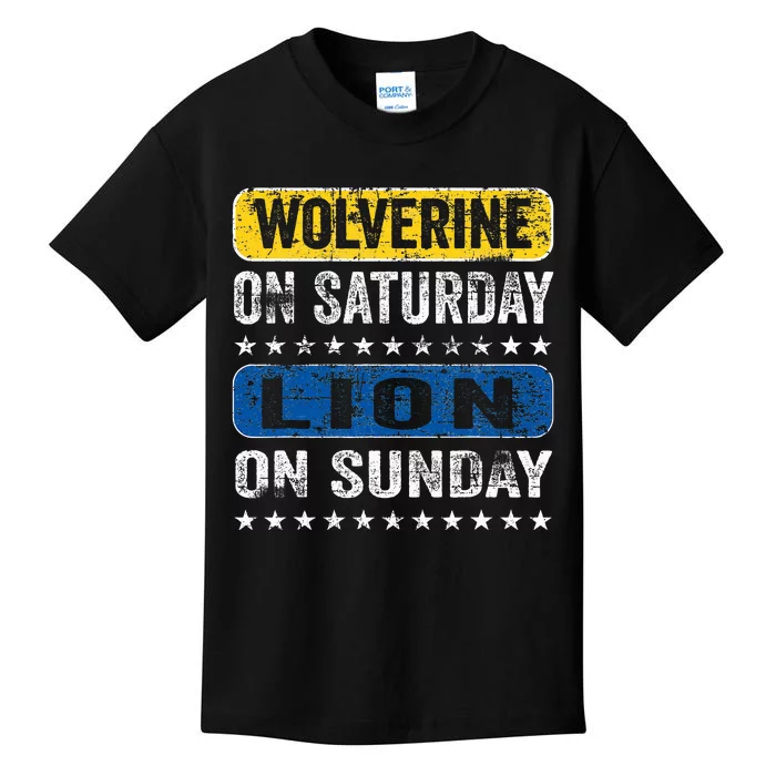 Wolverine On Saturday Lion On Sunday Funny Detroit Kids T-Shirt