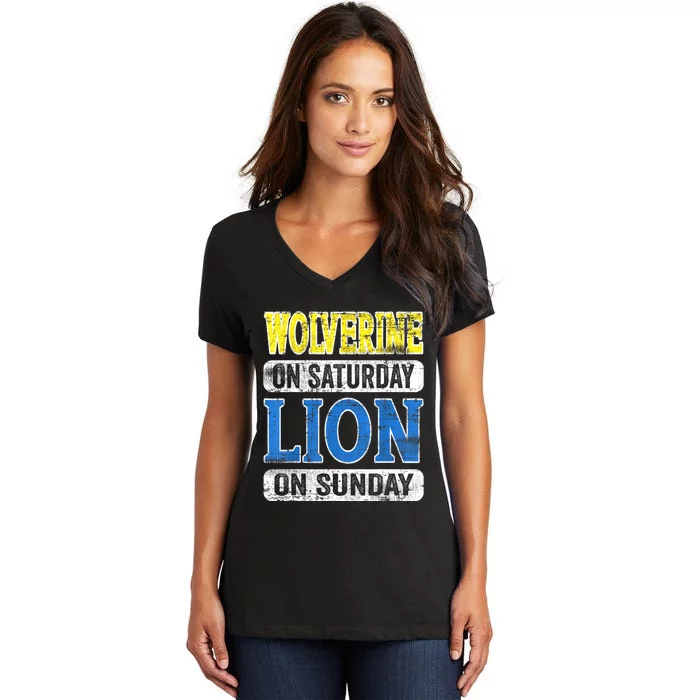 Wolverine On Saturday Lion On Sunday Detroit Women's V-Neck T-Shirt