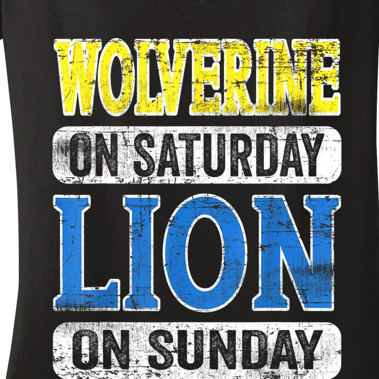 Wolverine On Saturday Lion On Sunday Detroit Women's V-Neck T-Shirt