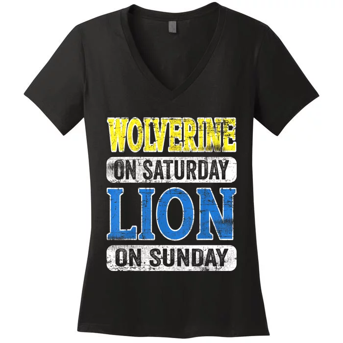 Wolverine On Saturday Lion On Sunday Detroit Women's V-Neck T-Shirt