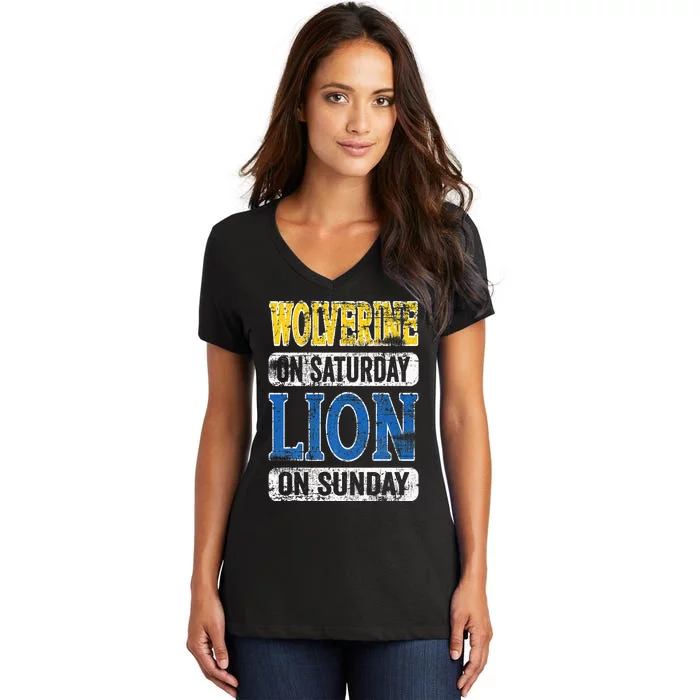 Wolverine On Saturday Lion On Sunday Detroit Women's V-Neck T-Shirt