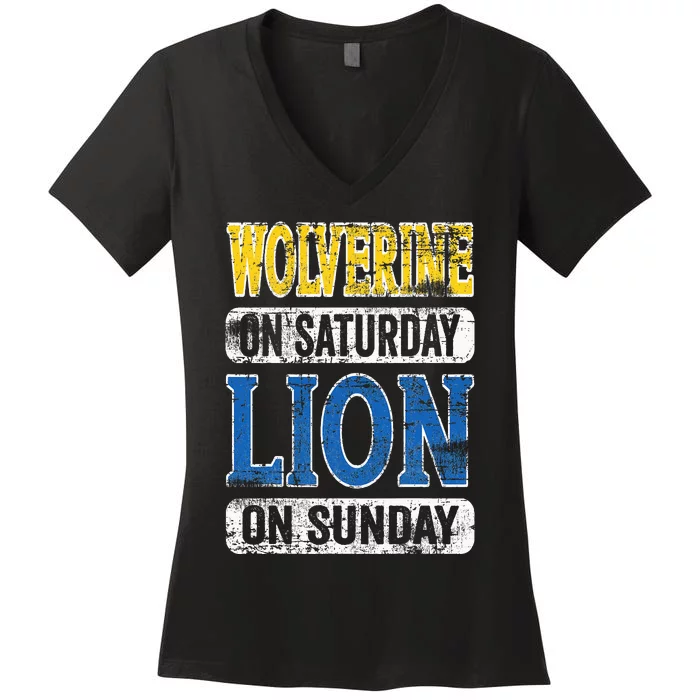 Wolverine On Saturday Lion On Sunday Detroit Women's V-Neck T-Shirt