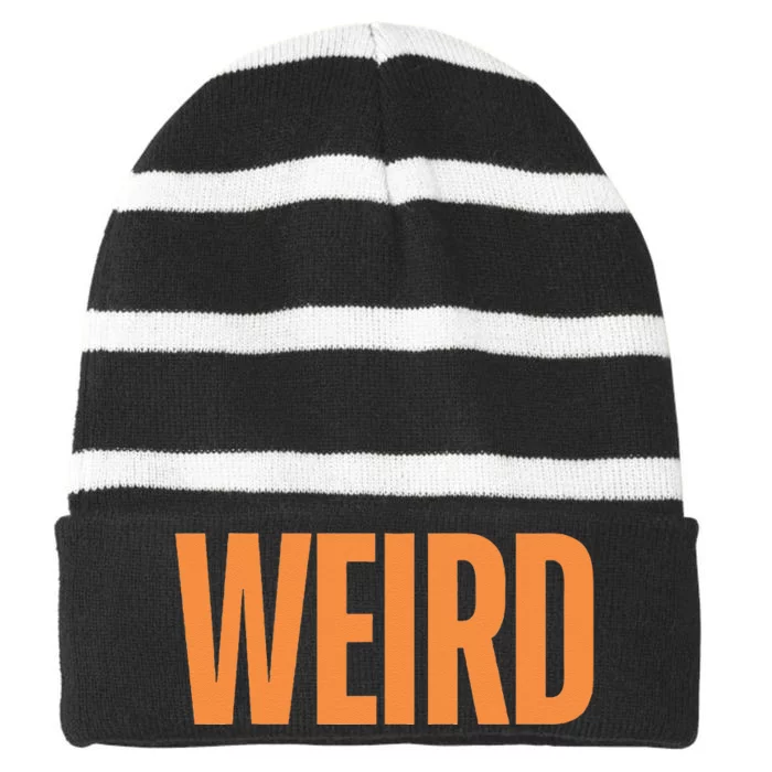 Weird Orange Text Single Word Striped Beanie with Solid Band