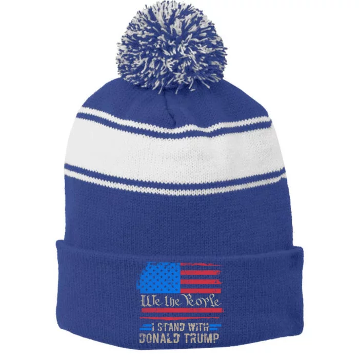 Worn Out Us Flag Vintage I Stand With Convicted Felon Trump Cute Gift Stripe Pom Pom Beanie