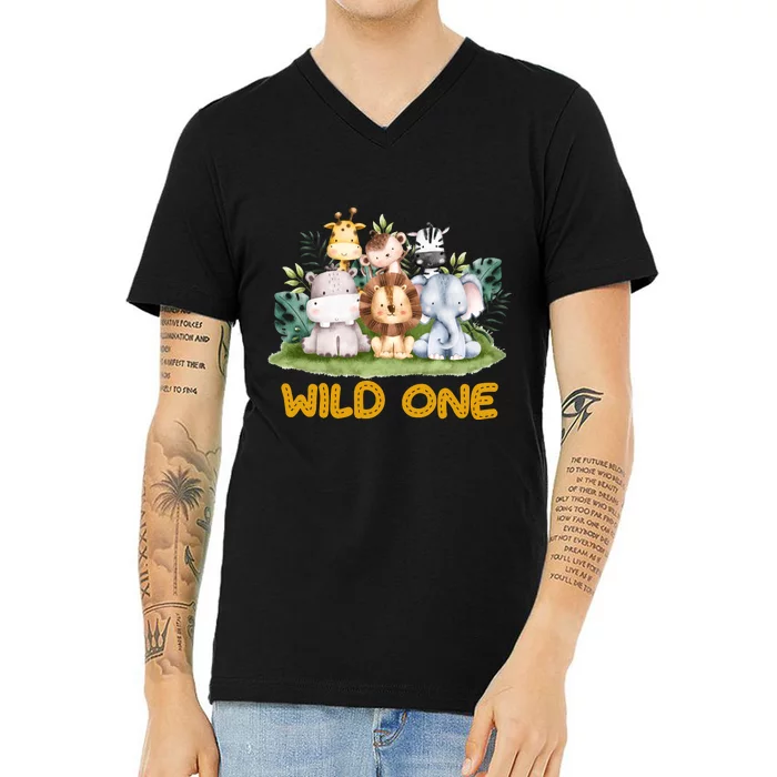 Wild One Zoo 1st Birthday Safari Jungle Animal Gift V-Neck T-Shirt