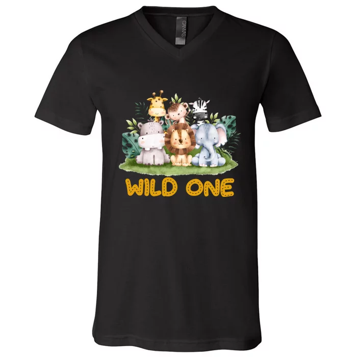 Wild One Zoo 1st Birthday Safari Jungle Animal Gift V-Neck T-Shirt