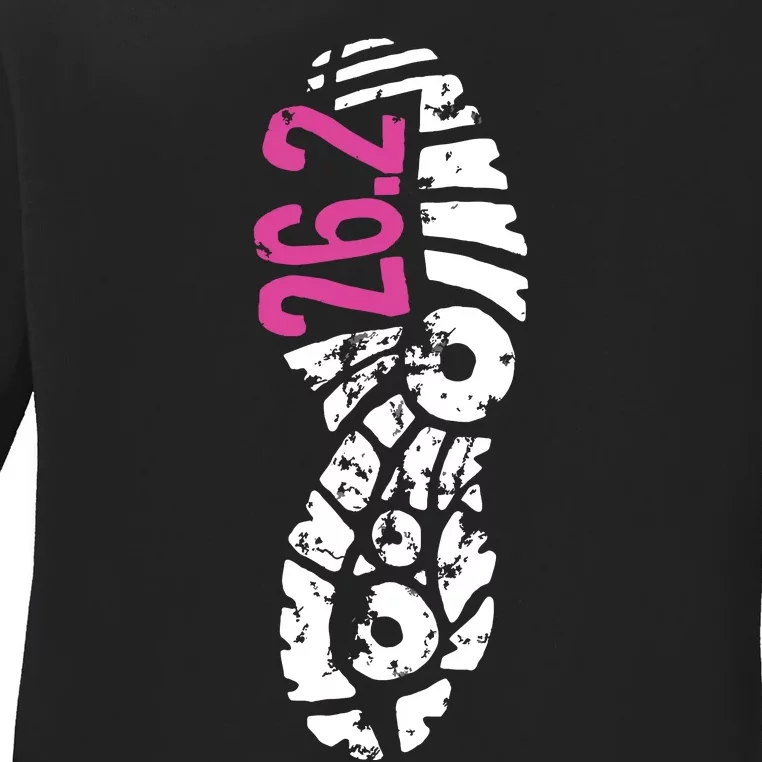 Women Pink 262 Marathon Runner Footprint Ladies Long Sleeve Shirt