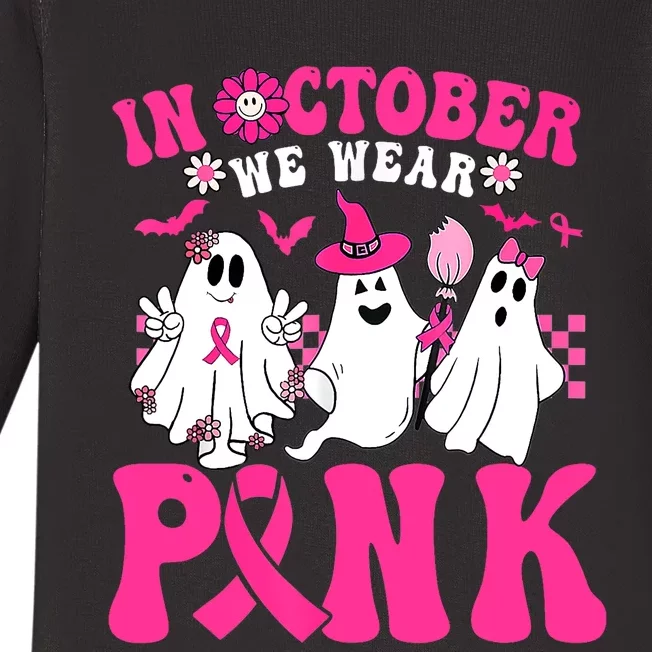 Wear Pink Breast Cancer Warrior Ghost Halloween Groovy Baby Long Sleeve Bodysuit