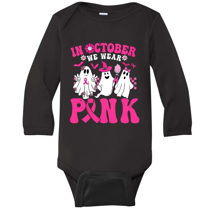 Wear Pink Breast Cancer Warrior Ghost Halloween Groovy Baby Long Sleeve Bodysuit