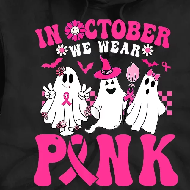 Wear Pink Breast Cancer Warrior Ghost Halloween Groovy Tie Dye Hoodie