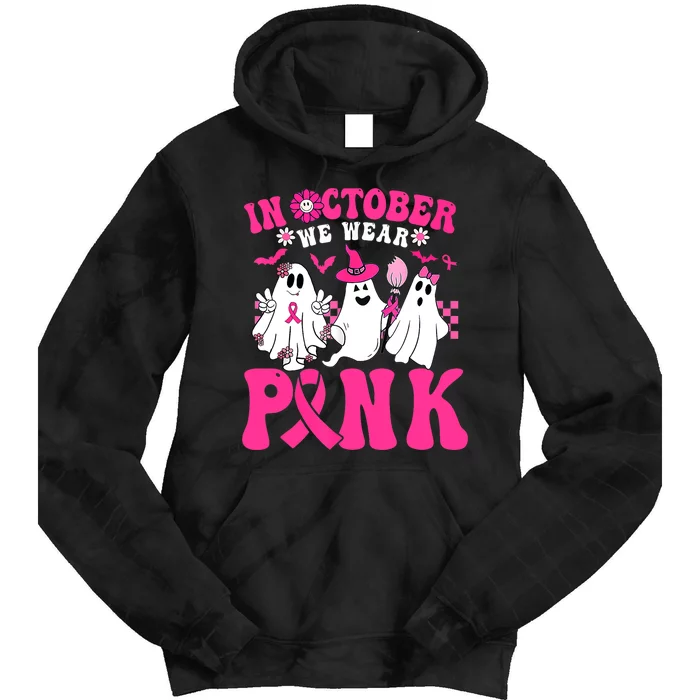 Wear Pink Breast Cancer Warrior Ghost Halloween Groovy Tie Dye Hoodie