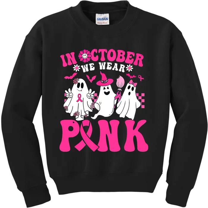 Wear Pink Breast Cancer Warrior Ghost Halloween Groovy Kids Sweatshirt