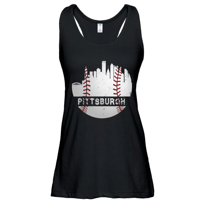 Womens Pittsburgh Baseball Cityscape Distressed Novelty Pirate Gift Ladies Essential Flowy Tank