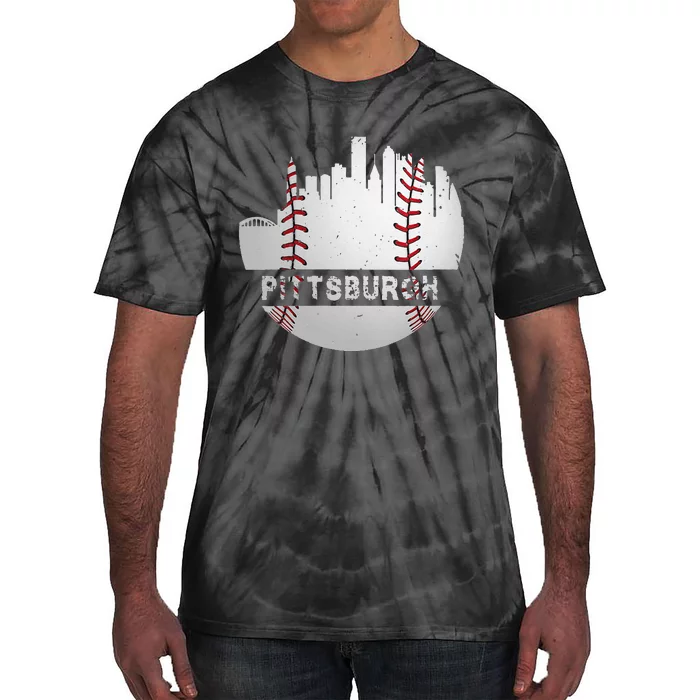 Womens Pittsburgh Baseball Cityscape Distressed Novelty Pirate Gift Tie-Dye T-Shirt