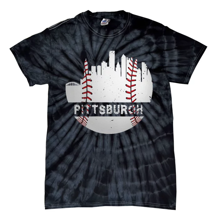 Womens Pittsburgh Baseball Cityscape Distressed Novelty Pirate Gift Tie-Dye T-Shirt