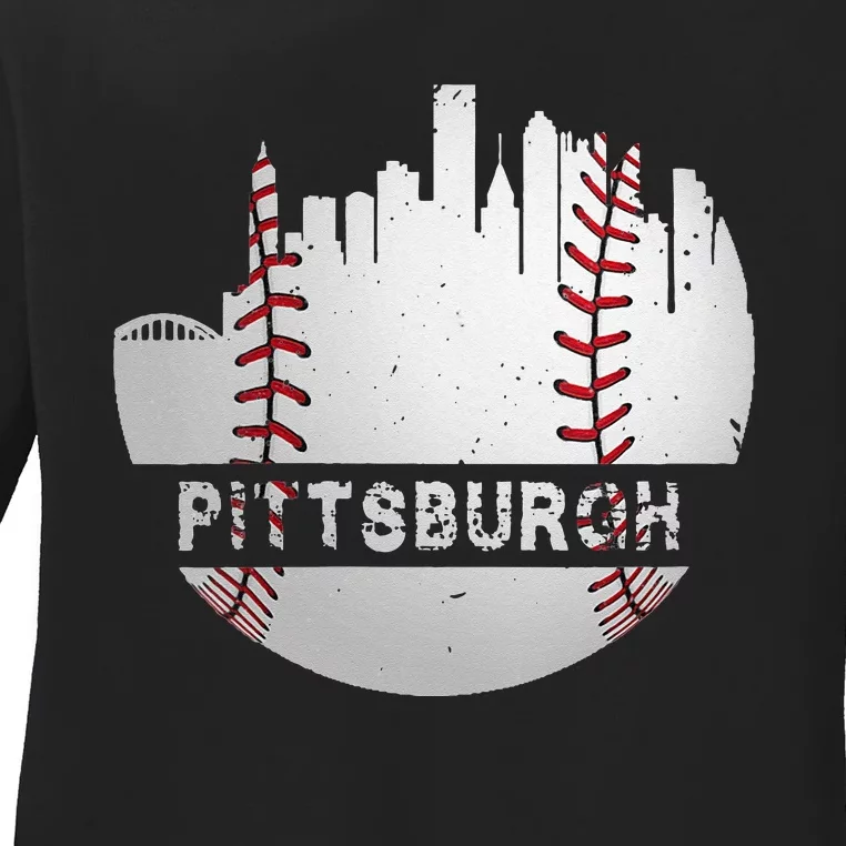 Womens Pittsburgh Baseball Cityscape Distressed Novelty Pirate Gift Ladies Long Sleeve Shirt