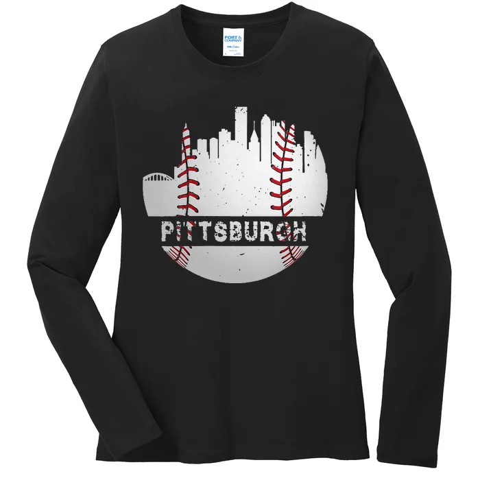 Womens Pittsburgh Baseball Cityscape Distressed Novelty Pirate Gift Ladies Long Sleeve Shirt