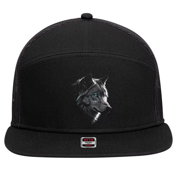 Wolf Portrait Blue Eyes Artwork Animal Motif Wolf 7 Panel Mesh Trucker Snapback Hat