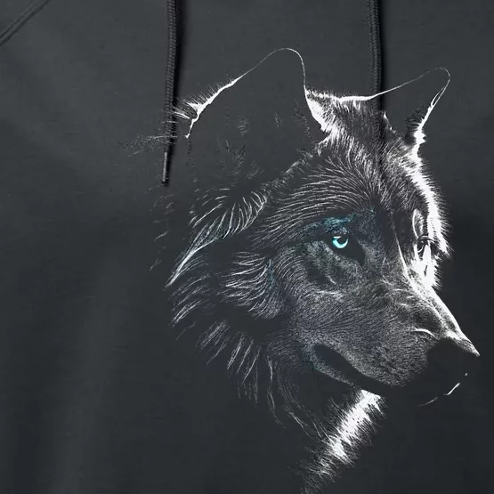 Wolf Portrait Blue Eyes Artwork Animal Motif Wolf Performance Fleece Hoodie