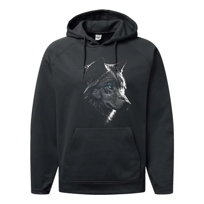 Wolf Portrait Blue Eyes Artwork Animal Motif Wolf Performance Fleece Hoodie