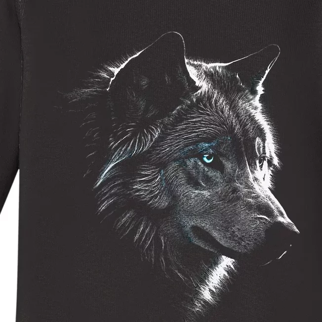 Wolf Portrait Blue Eyes Artwork Animal Motif Wolf Baby Long Sleeve Bodysuit