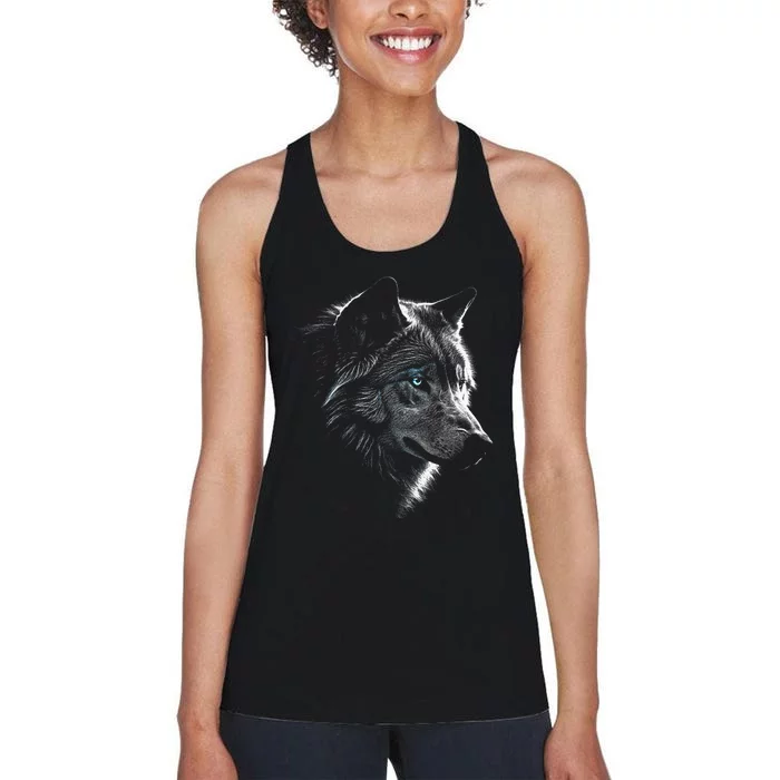 Wolf Portrait Blue Eyes Artwork Animal Motif Wolf Women's Racerback Tank