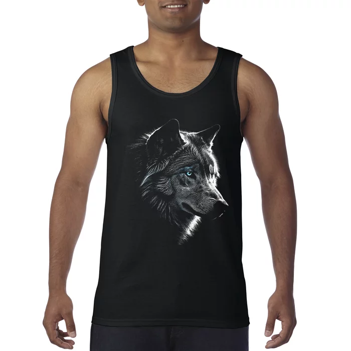 Wolf Portrait Blue Eyes Artwork Animal Motif Wolf Tank Top