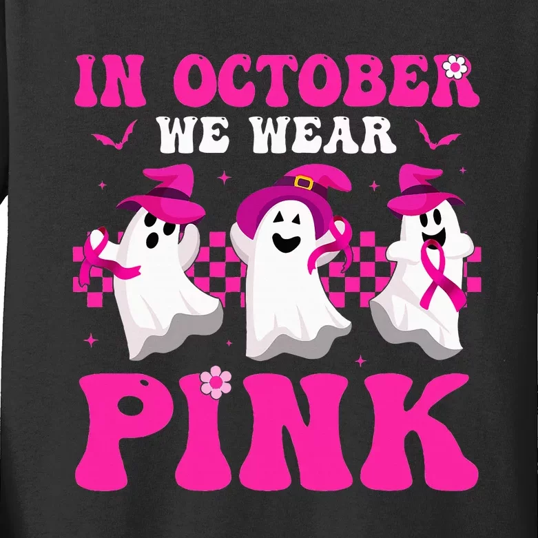 Wear Pink Breast Cancer Warrior Ghost Halloween Groovy Kids Long Sleeve Shirt