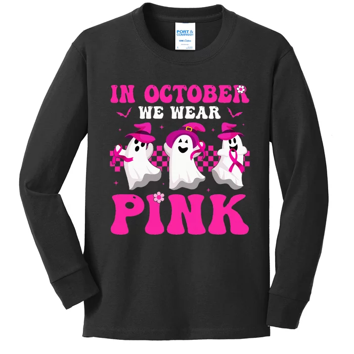 Wear Pink Breast Cancer Warrior Ghost Halloween Groovy Kids Long Sleeve Shirt