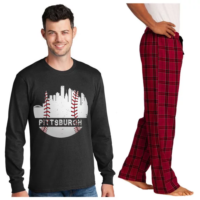 Womens Pittsburgh Baseball Cityscape Distressed Novelty Pirate Gift Long Sleeve Pajama Set