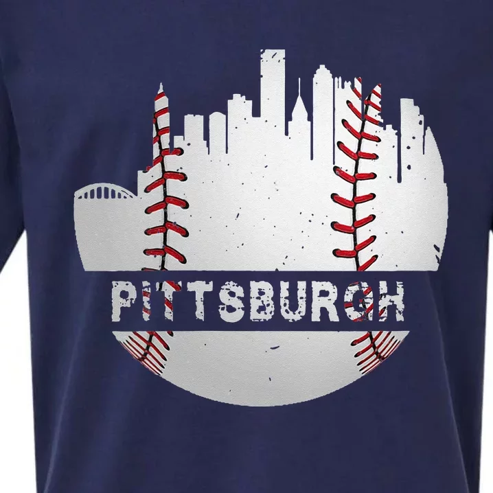 Womens Pittsburgh Baseball Cityscape Distressed Novelty Pirate Gift Sueded Cloud Jersey T-Shirt