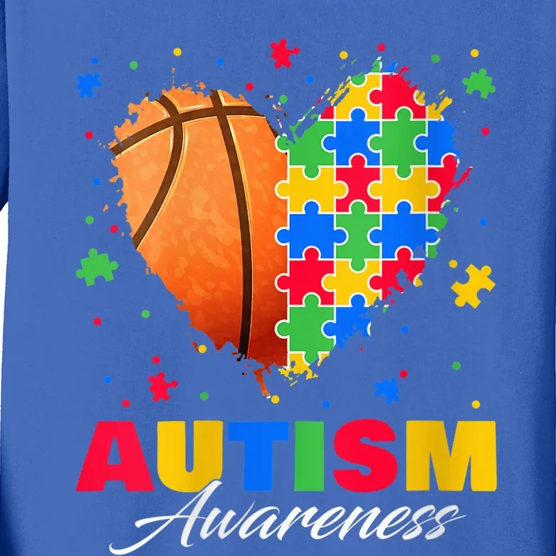 Wo Puzzle Basketball Ball Heart Autism Awareness Autistic kid V-Neck Kids Long Sleeve Shirt