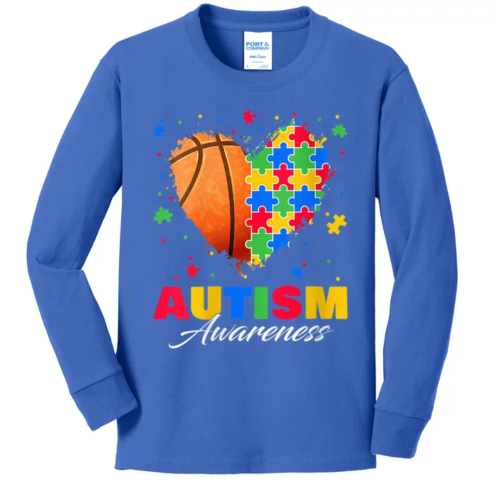 Wo Puzzle Basketball Ball Heart Autism Awareness Autistic kid V-Neck Kids Long Sleeve Shirt