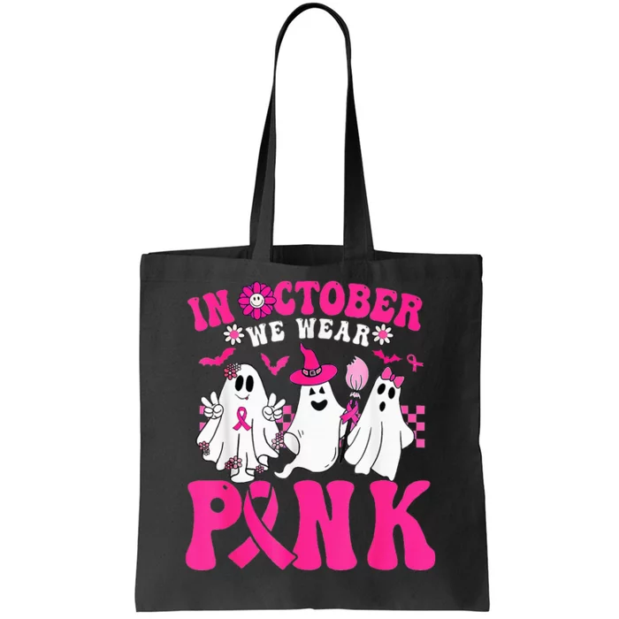 Wear Pink Breast Cancer Warrior Ghost Halloween Groovy Tote Bag