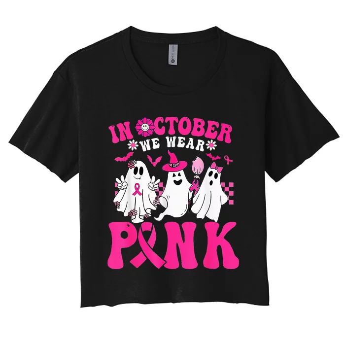 Wear Pink Breast Cancer Warrior Ghost Halloween Groovy Women's Crop Top Tee