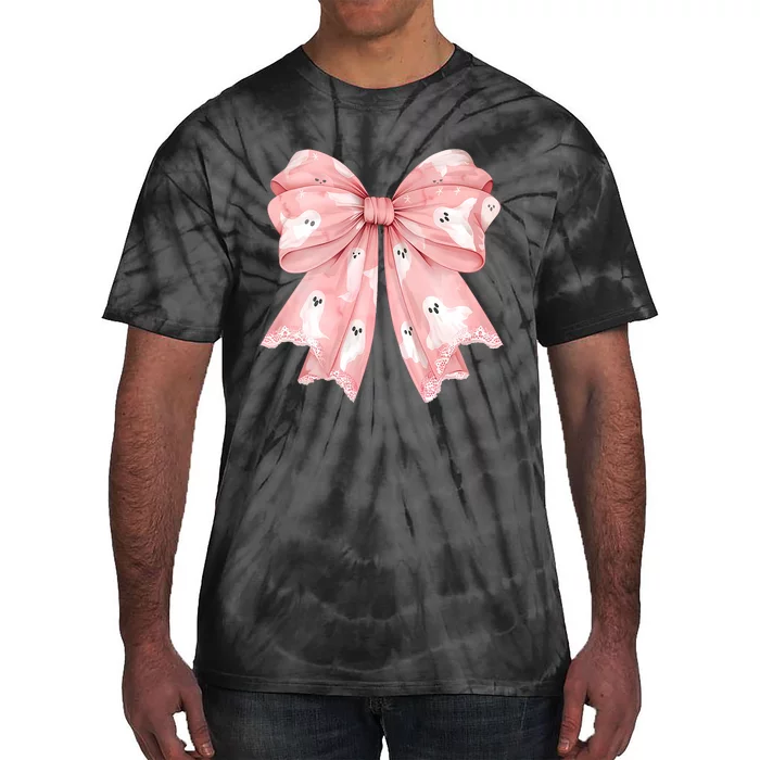 Women Pinkghost Bow Coquette Halloween Spooky Season Tie-Dye T-Shirt