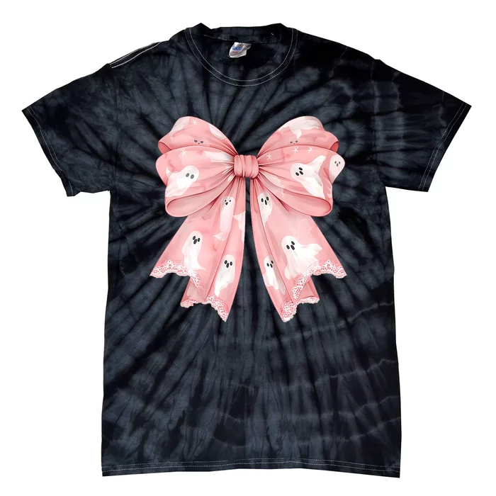 Women Pinkghost Bow Coquette Halloween Spooky Season Tie-Dye T-Shirt