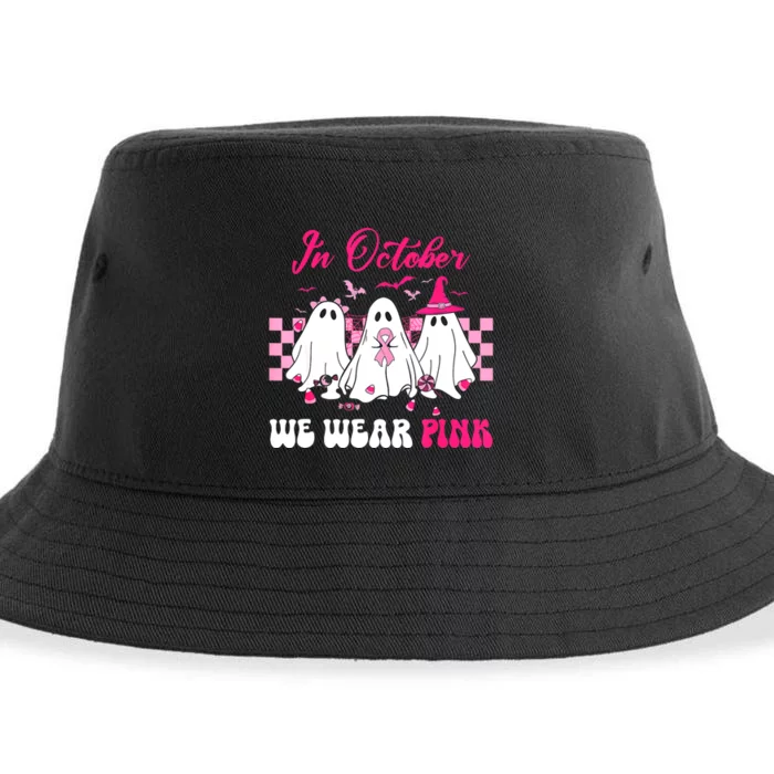 Wear Pink Breast Cancer Warrior Ghost Halloween Groovy Sustainable Bucket Hat