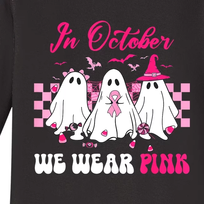 Wear Pink Breast Cancer Warrior Ghost Halloween Groovy Baby Long Sleeve Bodysuit