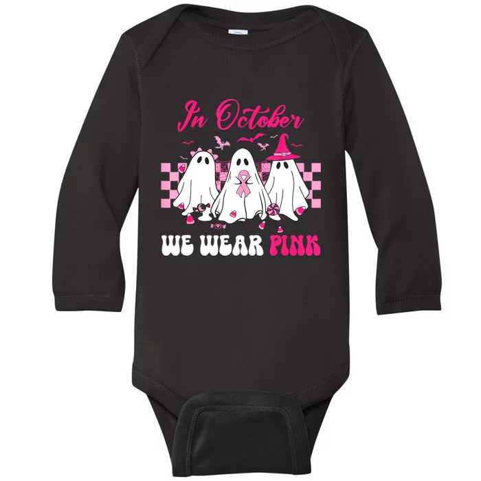 Wear Pink Breast Cancer Warrior Ghost Halloween Groovy Baby Long Sleeve Bodysuit