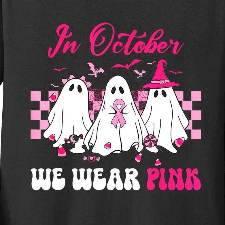 Wear Pink Breast Cancer Warrior Ghost Halloween Groovy Kids Long Sleeve Shirt