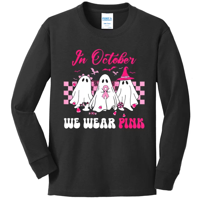 Wear Pink Breast Cancer Warrior Ghost Halloween Groovy Kids Long Sleeve Shirt